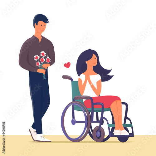 Young couple in love on a date. Beautiful girl in a wheelchair. The man gives her a bouquet of flowers. Happy people. Vector cartoon illustration