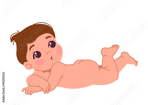 Vector illustration of a cute naked lying boy or girl with an expression of surprise. Colored illustration isolated on a white background. Newborn baby icon