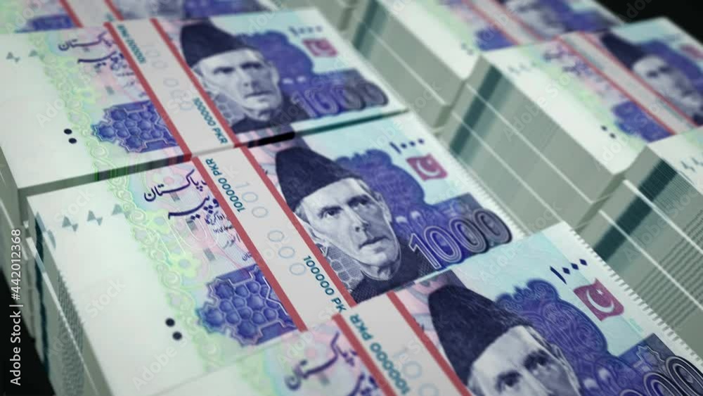 Pakistani rupee money pack loop 3d animation. Loopable seamless concept of finance, cash, economy, business and bank in Pakistan. Camera moving over the PKR banknote bundle stacks. Pakistani rupee money pack loop 3d animation. Loopable seamless concept of finance, cash, economy, business and bank in Pakistan. Camera moving over the PKR banknote bundle stacks.
