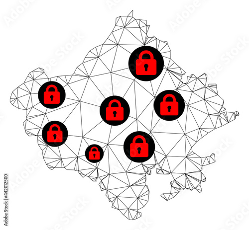 Polygonal mesh lockdown map of Rajasthan State. Abstract mesh lines and locks form map of Rajasthan State. Vector wire frame 2D polygonal line network in black color with red locks. photo