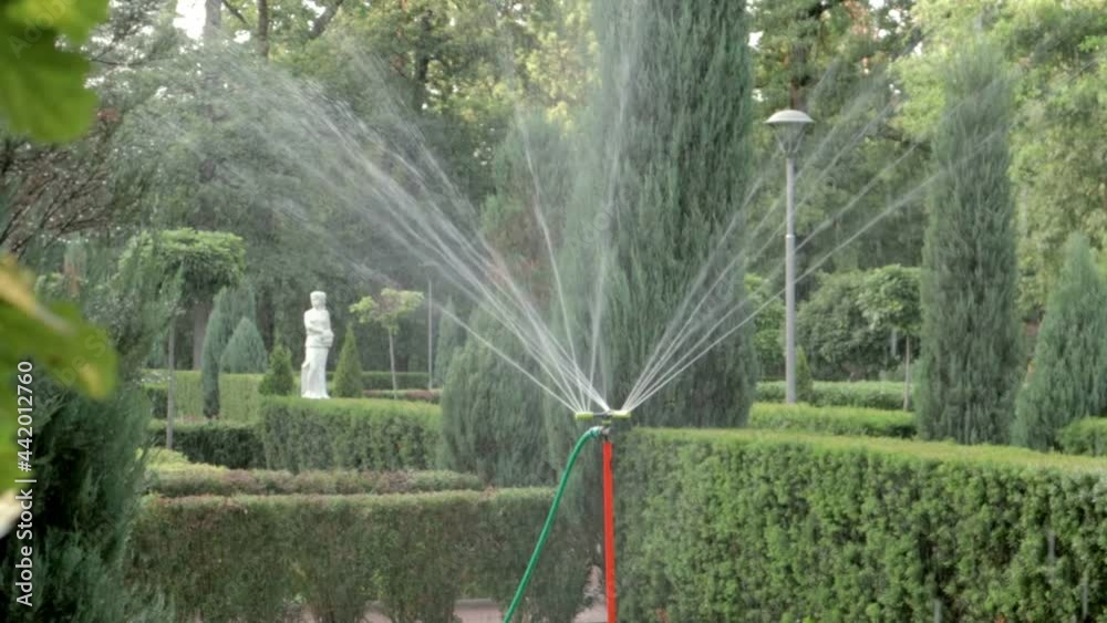 Lawn irrigation system working in a green park. Spraying the lawn with water in hot weather. Automatic sprinkler. The automatic watering sprinkler head watering the lawn. Smart garden. Lawn irrigation system working in a green park. Spraying the lawn with water in hot weather. Automatic sprinkler. The automatic watering sprinkler head watering the lawn. Smart garden.