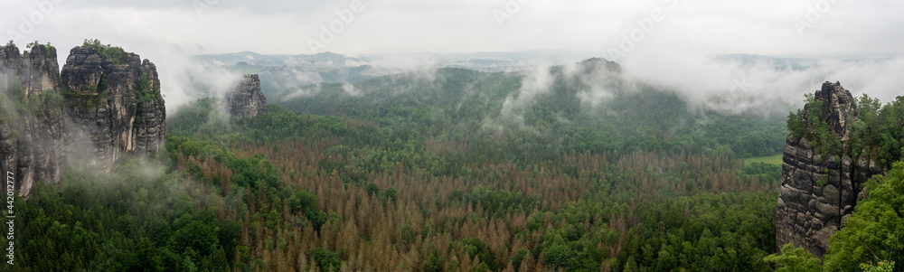 Panoramic view of the mountains in the morning haze. Schrammsteine - group of rocks are a long, strung-out, very jagged in the Elbe Sandstone Mountains located in Saxon Switzerland in East Germany.