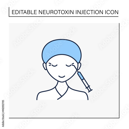 Cosmetic injection line icon.Injection into corners of eyes. Eyes lifting.Rejuvenation. Beauty cosmetic procedure.Isolated vector illustration.Editable stroke
