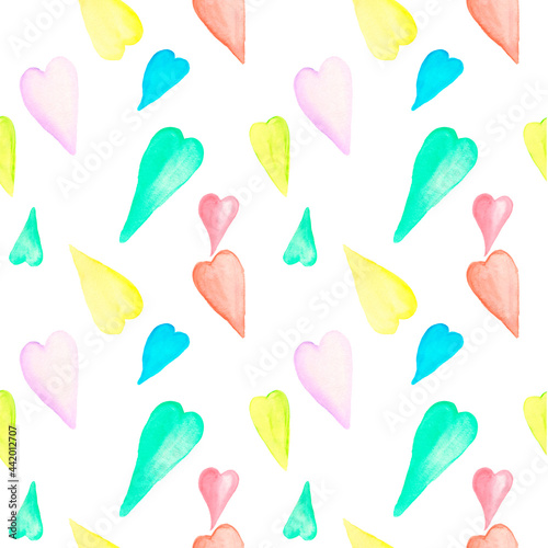 Watercolor seamless pattern with rainbow watercolor abstract hearts. Drawing Colored watercolor hearts pattern.