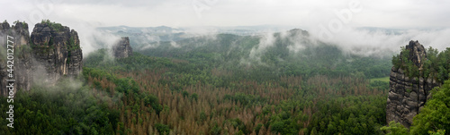 Panoramic view of the mountains in the morning haze. Schrammsteine - group of rocks are a long, strung-out, very jagged in the Elbe Sandstone Mountains located in Saxon Switzerland in East Germany.