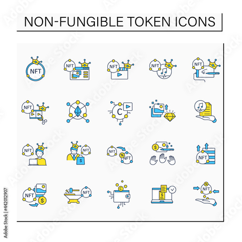 NFT color icons set. Non fungible token. Unique digital assets. Digitalization concept. Isolated vector illustrations