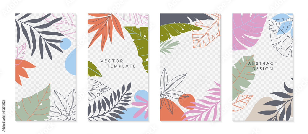 Bundle of insta story templates with tropical palm leaves.Modern summer vector layouts with copy space for text.Bright vibrant banners.Trendy designs for social media marketing,digital post,prints.