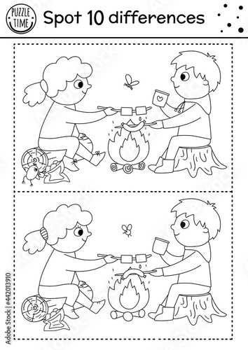 Camping find differences game for children. Black and white educational activity and coloring page with children sitting in front of the fire. Summer camp or road trip printable worksheet