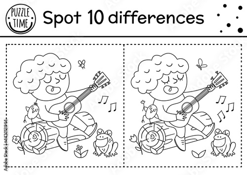 Camping find differences game for children. Black and white educational activity and coloring page with boy sitting on a log and playing guitar. Summer camp or road trip printable worksheet