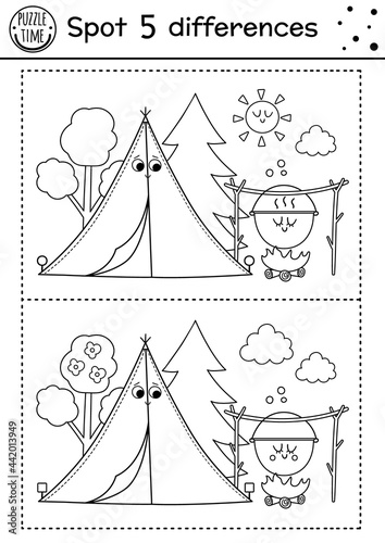 Camping find differences game for children. Black and white activity and coloring page with cute smiling kawaii tent, sun, boiler. Summer camp or road trip printable worksheet with funny nature scene