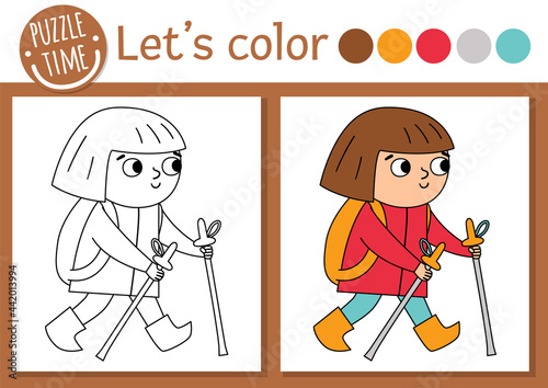 Camping coloring page for children. Funny hiking girl with backpack. Vector nature outline illustration with cute trekking kid. Adorable summer color book for kids with colored example.
