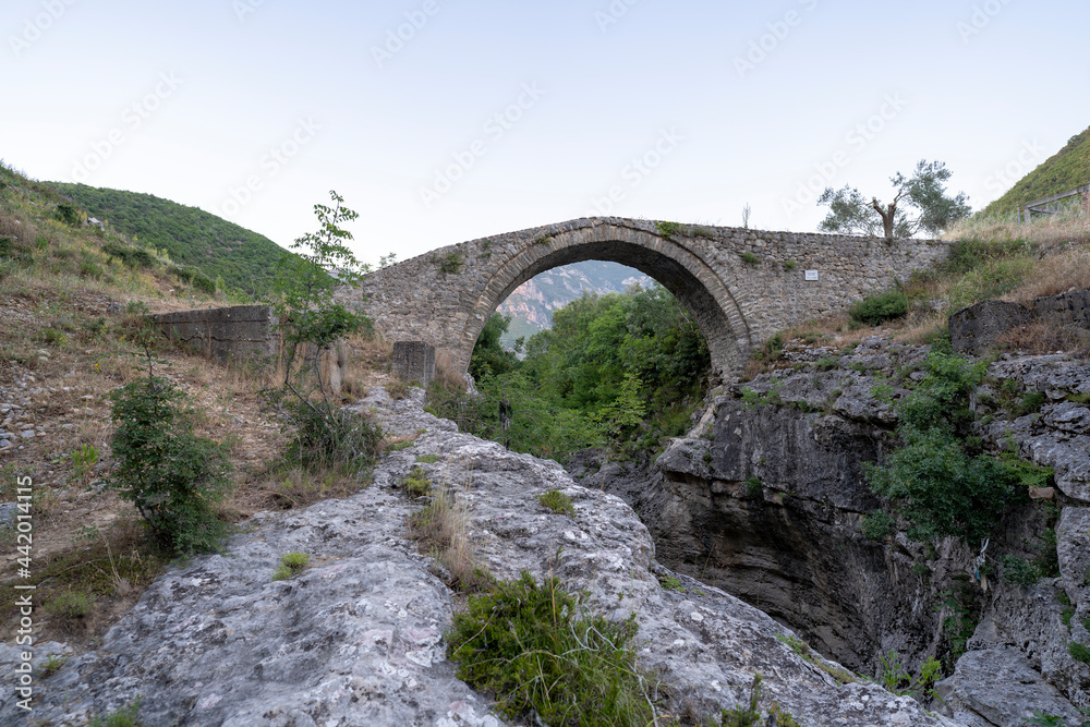 Tirana river canyon and old stone bridge of Brarri