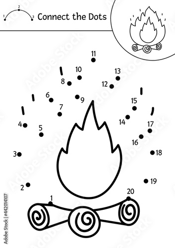 Vector camping dot-to-dot and color activity with cute fire on logs. Summer camp connect the dots game for children. Funny adorable road trip coloring page for kids. .