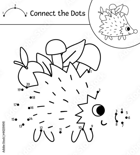 Vector forest dot-to-dot and color activity with cute hedgehog carrying mushrooms and apple. Summer or autumn connect the dots game for children with cute animal. Funny adorable coloring page.