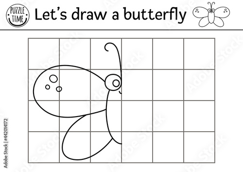 Complete the butterfly picture. Vector forest drawing practice worksheet. Printable black and white activity for preschool children with insect. Copy the picture garden woodland themed game for kids.