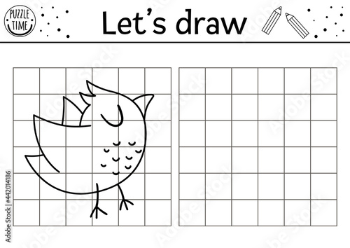 Complete the bird picture. Vector forest drawing practice worksheet. Printable black and white activity for preschool children with flying animal. Copy the picture garden woodland themed game for kids