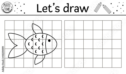 Complete the fish picture. Vector forest drawing practice worksheet. Printable black and white activity for preschool children with water animal. Copy the picture garden woodland themed game for kids.