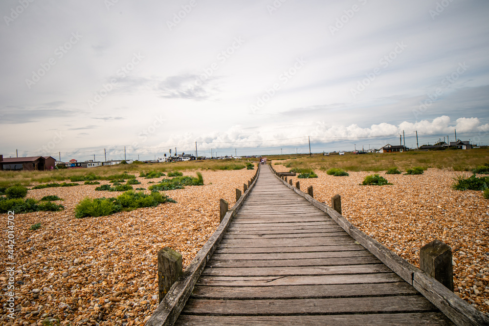 The boardwalk to the sea at Dungeness National nature reserve, in Kent. 