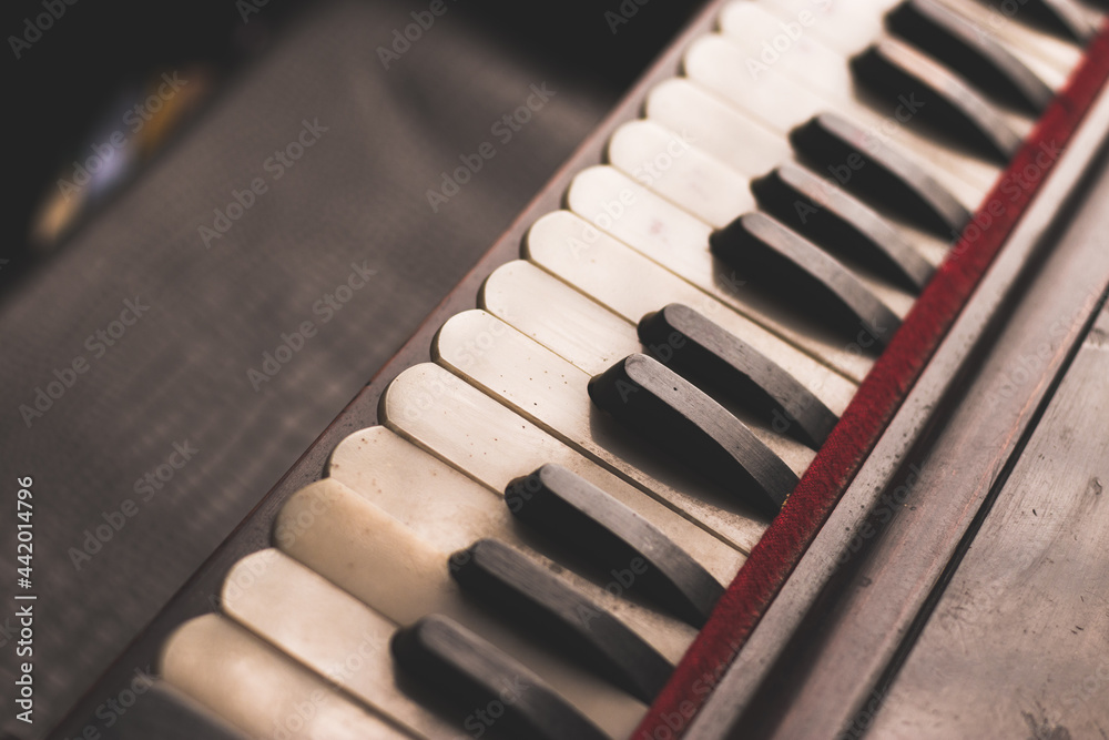 Harmonium keys with vintage looks stock image, selective focus. Stock ...