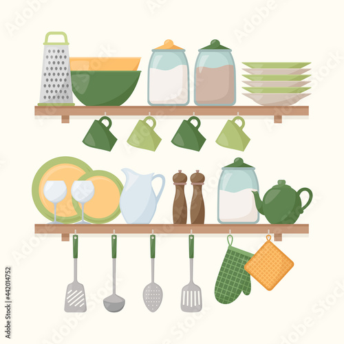 Kitchen shelves with cooking tools. Set of kitchen utensils, vector illustration