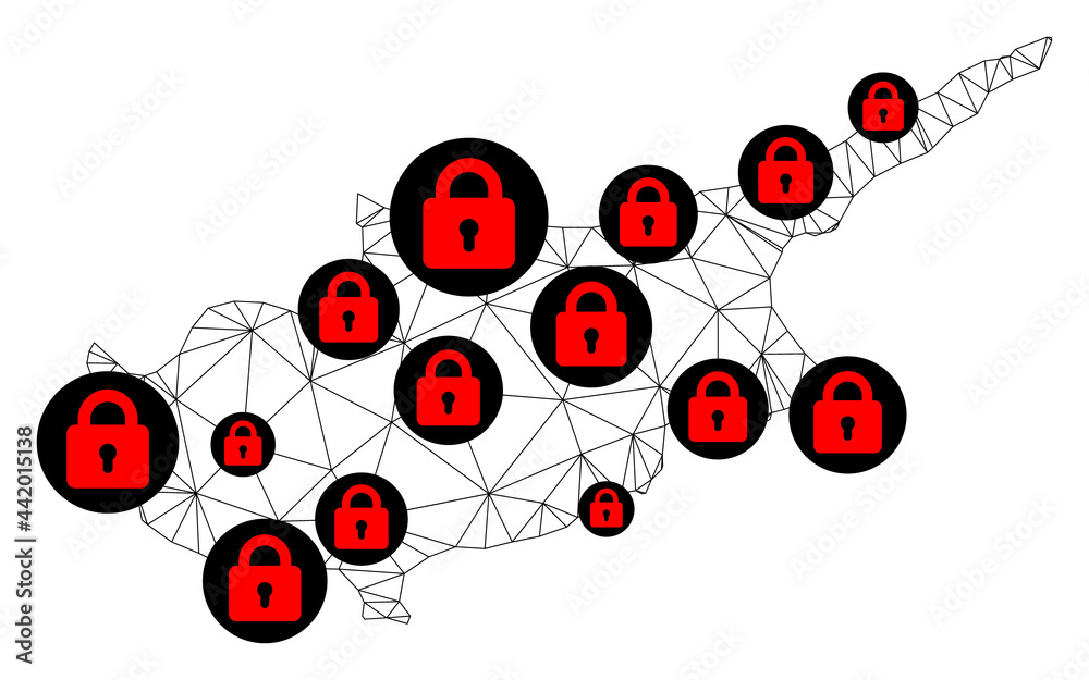 Obraz premium Polygonal mesh lockdown map of Cyprus Island. Abstract mesh lines and locks form map of Cyprus Island. Vector wire frame 2D polygonal line network in black color with red locks.