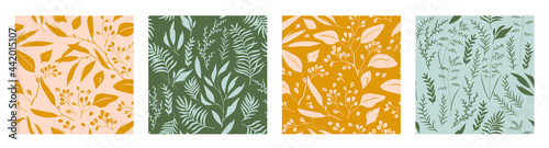 Hand drawn botanical seamless pattern set. Trendy ink drawn textures. Modern design for paper, cover, fabric, interior decor and other users. 
