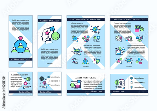 Asset management set of marketing templates. Financial resources set of marketing templates. Monitoring accounts advertisements include brochures , banner, social poster , flyer,business cards