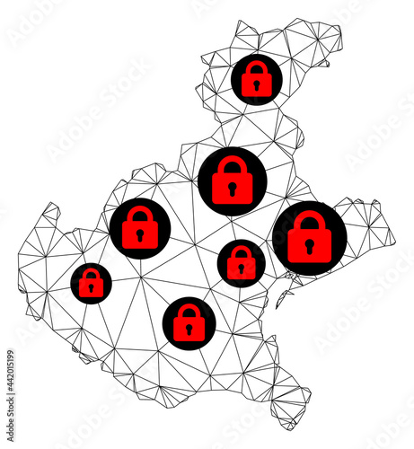 Polygonal mesh lockdown map of Veneto region. Abstract mesh lines and locks form map of Veneto region. Vector wire frame 2D polygonal line network in black color with red locks.