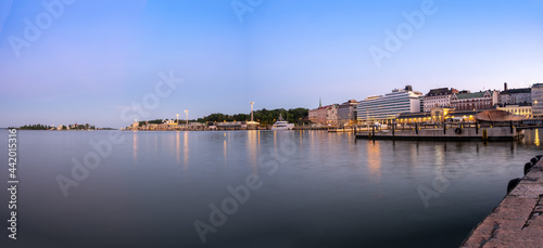 Panorama view of downtown Helsinki from the market square towards the sea
