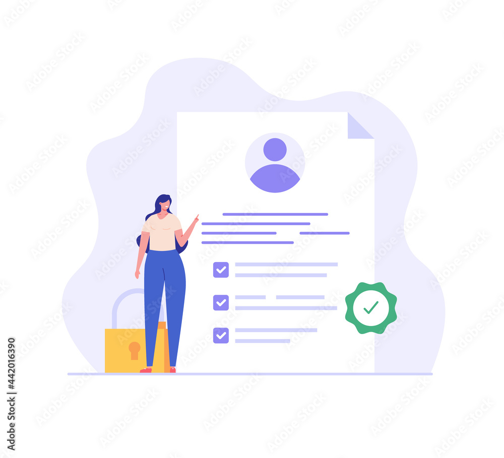 Terms and conditions concept. Woman reading document, protecting personal data, checking documents. Concept of account security, privacy policy, user agreement. Vector illustration in flat design