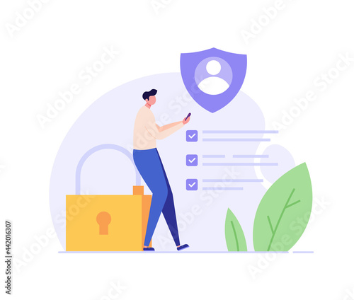 Terms and conditions concept. Man reading document, protecting personal data, checking documents. Concept of account security, privacy policy, user agreement. Vector illustration in flat design photo