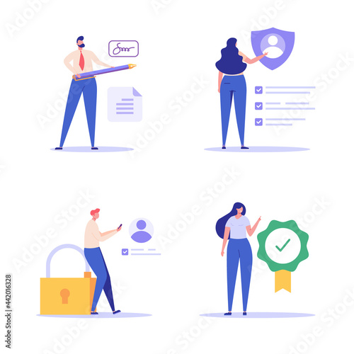 Terms and conditions concept. Characters set. People sign and check document, protect personal data. Concept of account security, privacy policy, user agreement. Vector illustration in flat design