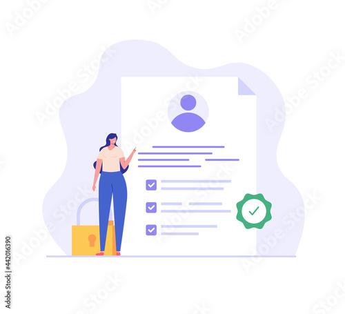 Terms and conditions concept. Woman reading document, protecting personal data, checking documents. Concept of account security, privacy policy, user agreement. Vector illustration in flat design