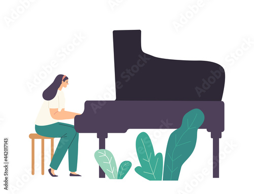 Pianist Girl Character Playing Musical Composition on Grand Piano for Symphonic Orchestra or Opera Performance on Stage