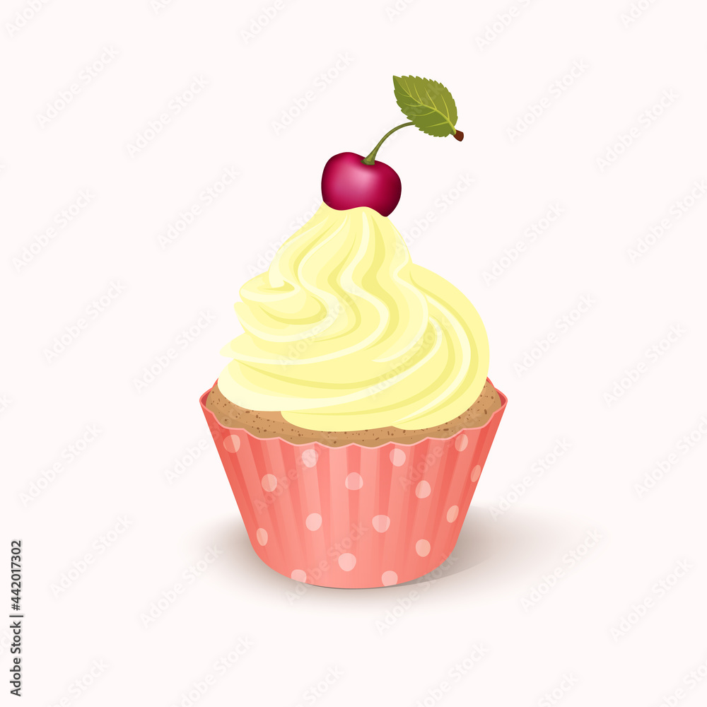 Vector illustration festive cupcake with yellow whipped cream and cherry on white background. Isolated clipart with one sweet cake Vector illustration festive cupcake with yellow whipped cream and cherry on white background. Isolated clipart with one sweet cake