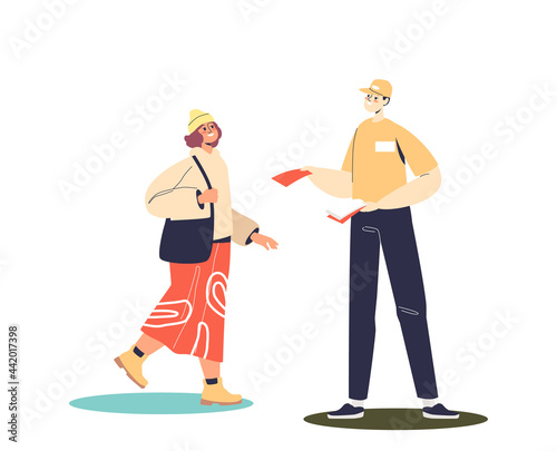 Man promoter giving leaflets to attract new clients offline. Outdoor promotion distribution