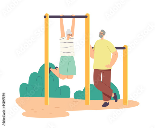 Couple of Senior Characters Exercising on Horizontal Bar Together, Pensioners Doing Exercises, Outdoor Activity, Sport