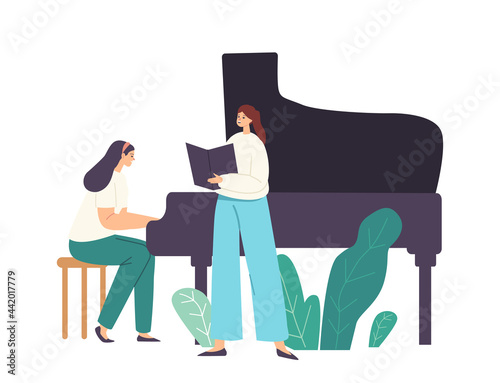 Opera, Chorus or Soloist Performance on Stage, Female Pianist Playing Musical Composition on Grand Piano for Singer