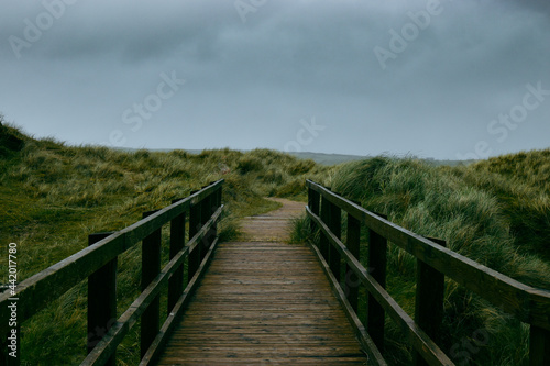 Fototapeta Naklejka Na Ścianę i Meble -  wooden bridge over sand dunes on the wild Atlantic way in Ireland. 