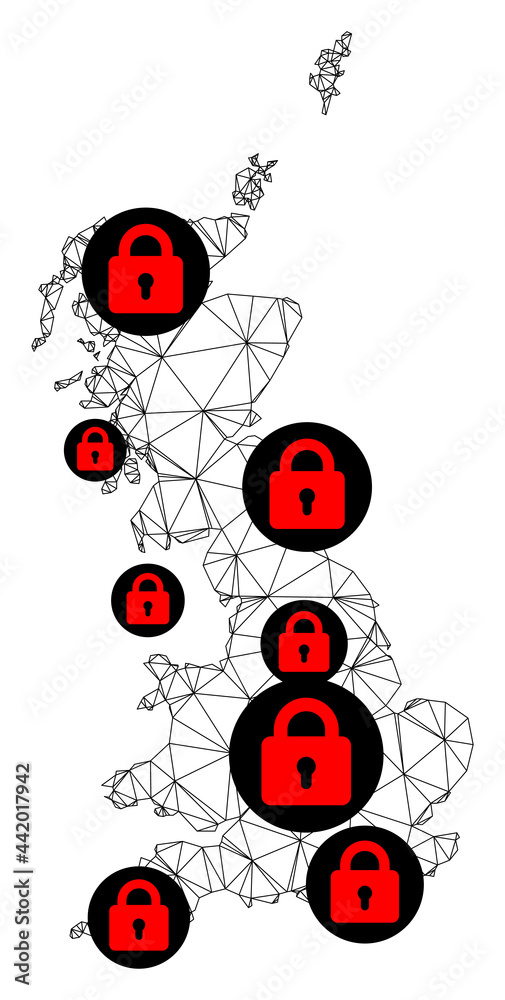 Polygonal mesh lockdown map of Great Britain. Abstract mesh lines and locks form map of Great Britain. Vector wire frame 2D polygonal line network in black color with red locks. Polygonal mesh lockdown map of Great Britain. Abstract mesh lines and locks form map of Great Britain. Vector wire frame 2D polygonal line network in black color with red locks.