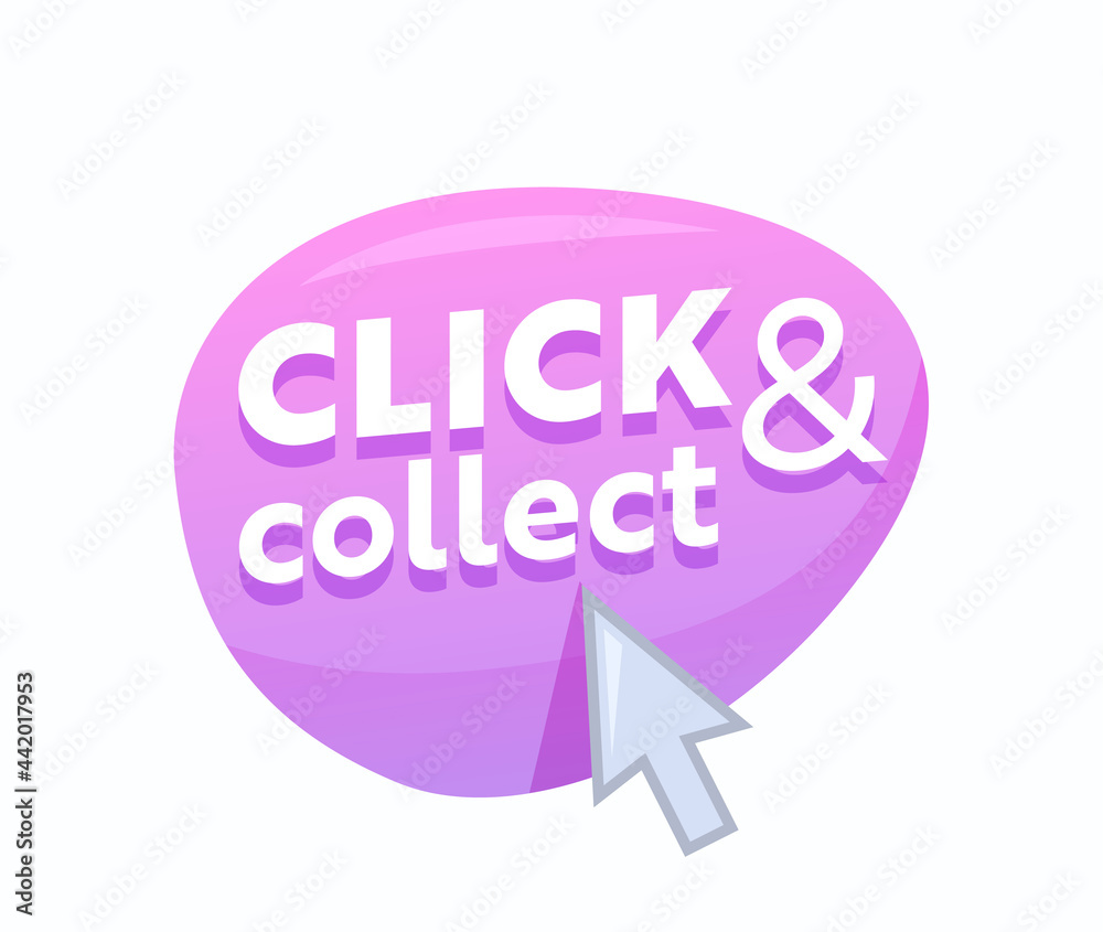Click and Collect Pink Bubble with Arrow Pointer Isolated on White Background. Online Shopping and Goods Ordering Click and Collect Pink Bubble with Arrow Pointer Isolated on White Background. Online Shopping and Goods Ordering