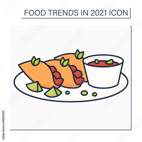 Birria color icon. Mexican dish. Tacos made with tender and flavorful birria beef.Food trends concept. Isolated vector illustration photo
