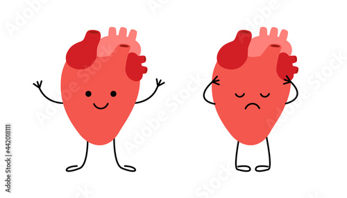 Healthy happy heart and sad unhealthy sick heart characters. Check health of heart. Internal organ. Vector illustration