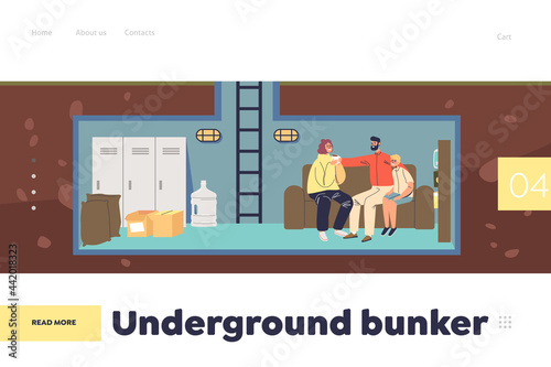 Underground bunker concept of landing page with family hiding in protective shelter room