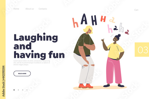Laughing and having fun landing page with two girls giggling. Cute female friends tell funny stories