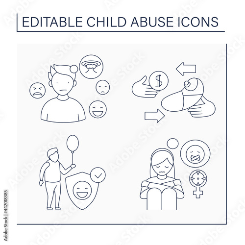 Child abuse line icons set. Sexual abuse, kid trafficking, protective services, emotionality. Crime concept. Isolated vector illustration. Editable stroke
