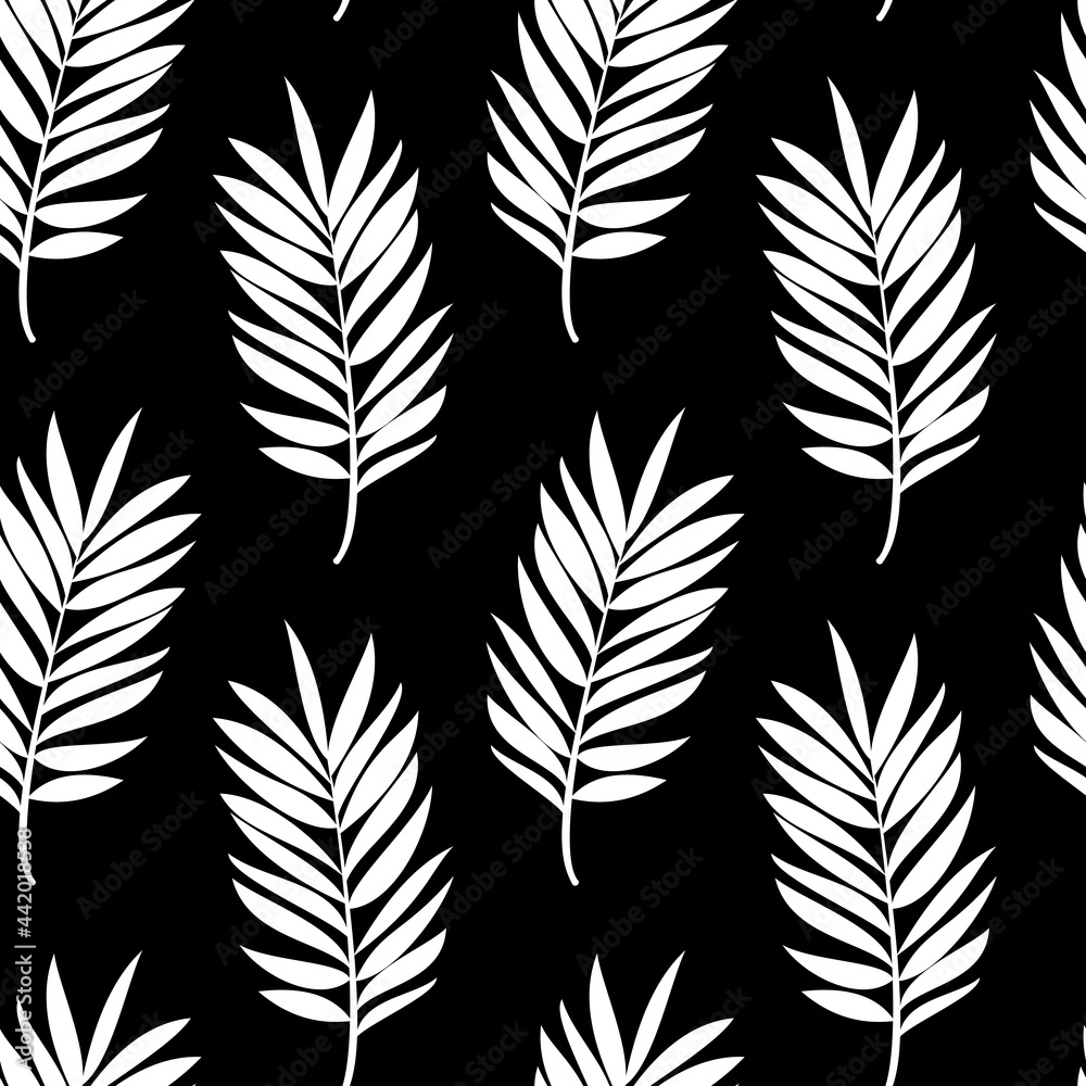 Obraz premium White branches of a palm tree on a black background. Seamless modern pattern for textiles, trendy fabrics, bed linen, decorative pillows, photo wallpaper, interior design. 