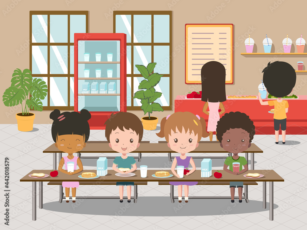 Children eat in school canteen. Vector cartoon illustration of cafeteria  interior with tables, chairs. Elementary students eating lunch in cafeteria  Stock Vector