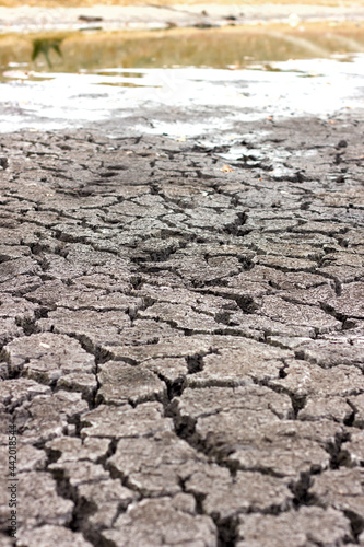 drought, dry cracked soil, dry lake shore close-up