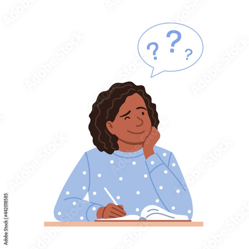 Thinking black woman with pen writes a diary or calendar notes. Flat thoughtful young girl portrait. Smiling cartoon dreaming person with question bubble. Making choice, solution vector illustration.